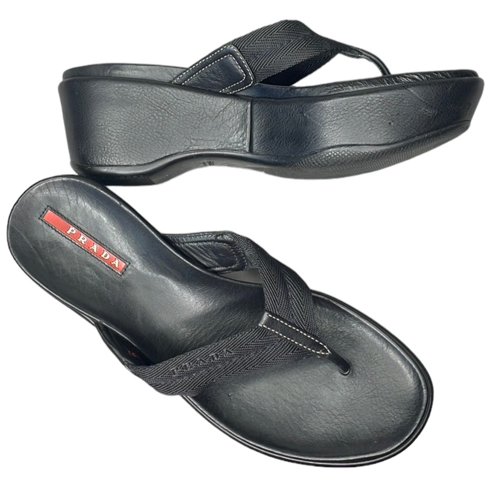 PRADA VINTAGE THONG SANDAL BLACK CANVAS THONG w/ BLACK LEATHER WRAPED WEDGE SZ 7
